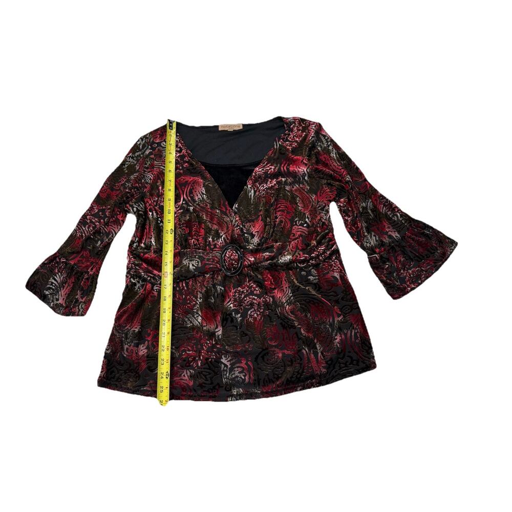 Notations Velvet Burnout Blouse 1X Black Red Paisley Buckle Detail | Holiday Top - Picture 5 of 9